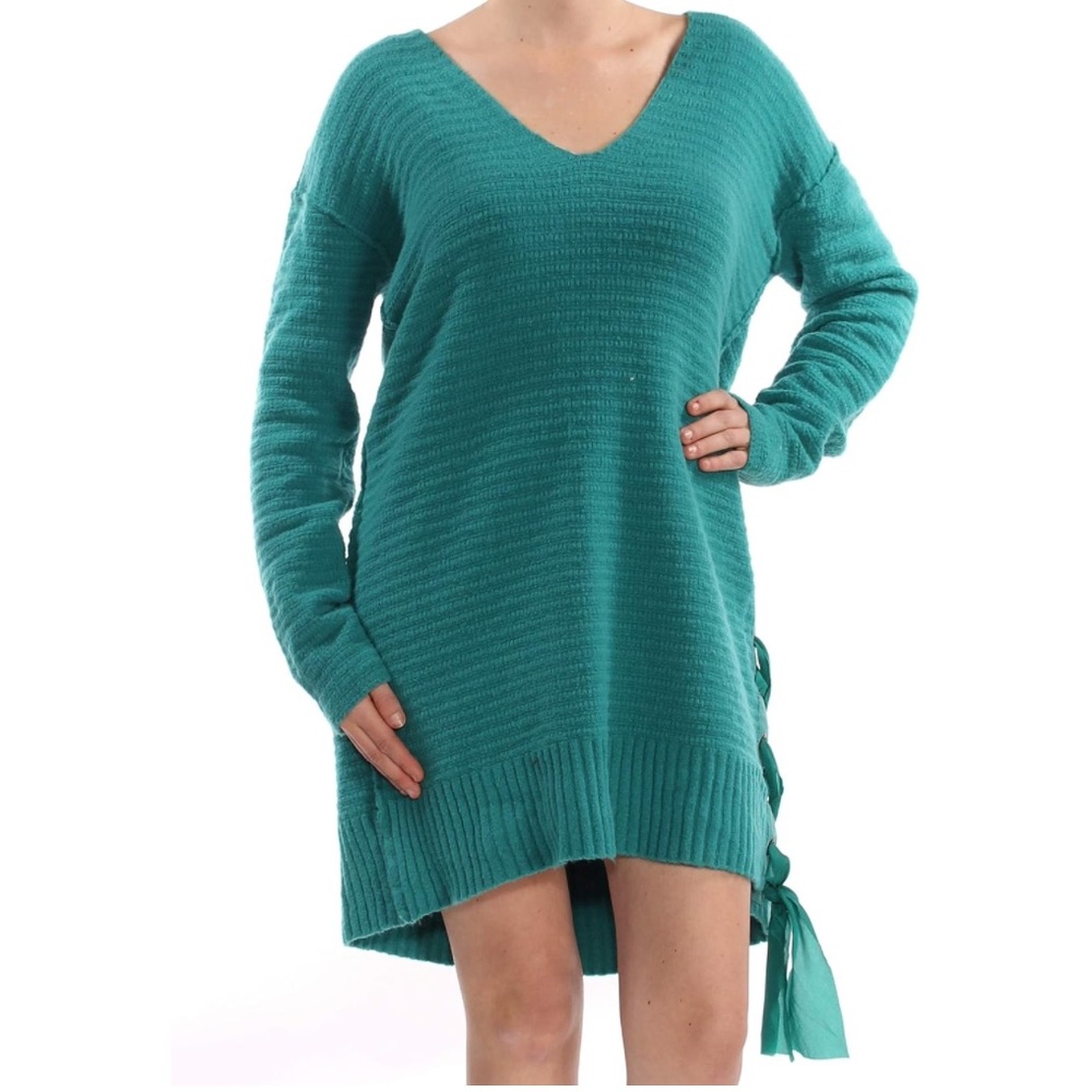 Anthropologie Free People Heart It Lace Up Teal Oversized‎ V-Neck Sweater Size M